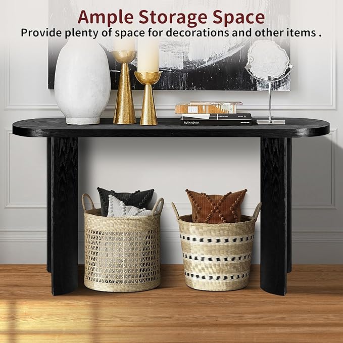 60" Wood Console Table for Entryway, Long Sofa Table Behind Couch Narrow Entryway Table with Curved Legs 2 Types of Installation for Living Room, Hallway, Foyer, Easy Assembly, Black