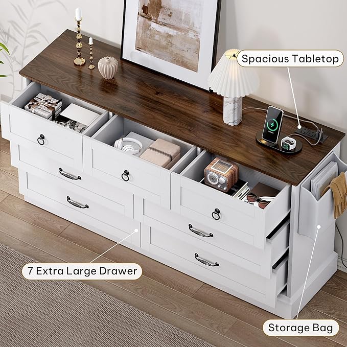 DWVO Farmhouse 7 Drawers Dresser, 59" Wide Wood Rustic Chest of Drawers with Nice Texture, Vintage Design, Storage Dressers Organizer for Living Room, Hallway, White