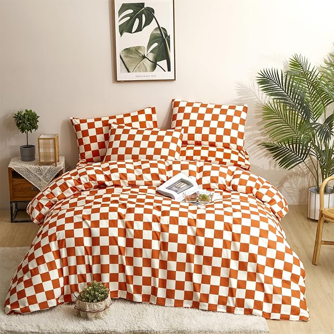 CLOTHKNOW Rust Beige Plaid Comforter Set California King Checker Bedding Comforter Sets Geometric Buffalo Comforter with 2 x Pillow Cases