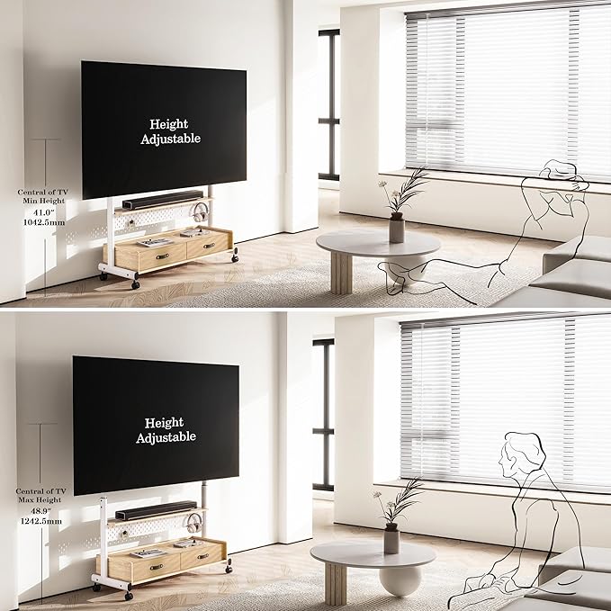 FITUEYES Rolling TV Stand with Drawers for 70 to 100 Large TV Screens，Mobile TV Floor Stand on Wheels with Ample Storage Pegboard & Wooden Shelf, Rolling TV Cart Hold up to 176 lbs, Max VESA 850 x 600