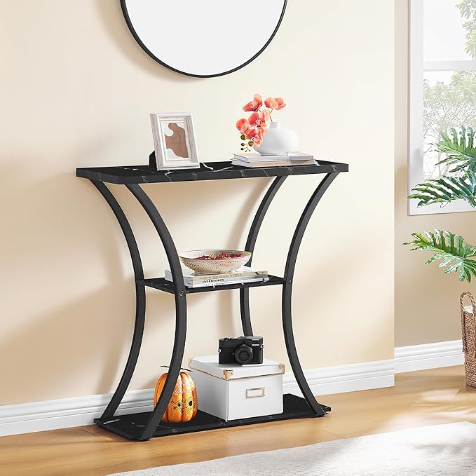 Hoctieon 3 Tier Console Table with Open Wood Shelves, Decorative Entryway Table with Curved Metal Frames, Narrow Sofa Table for Entrance, Living Room, Hallway, Black Marbled
