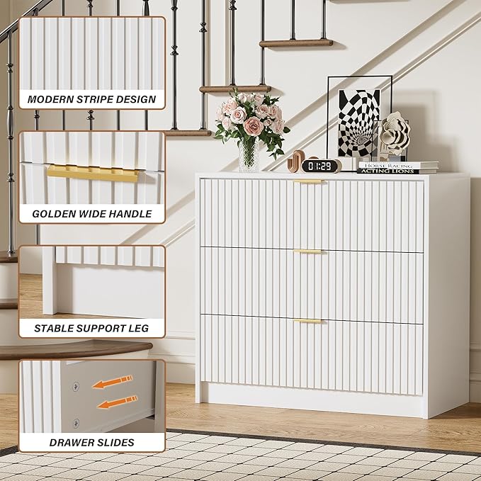 White Dresser for Bedroom, Modern Dresser with 3 Drawers and Smooth Slides, Wide Chest of Drawers with Golden Handles for Bedroom, Living Room, Closet, 15.7" D x 31.5" W x 29.6" H