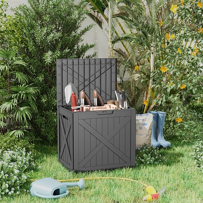 32 Gallon Outdoor Deck Box,Storage Lockable Waterproof Patio Furniture,Garden Tools,Cushions,Pool Accessories Outside Storage Resin Box(Black)