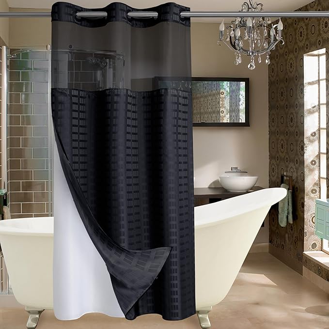 Conbo Mio Stall No Hook Shower Curtain with Snap in Liner Set, Hotel Luxury Black Shower Curtains for Bathroom with See Through Top Window, Waterproof, Washable 36W x 74H