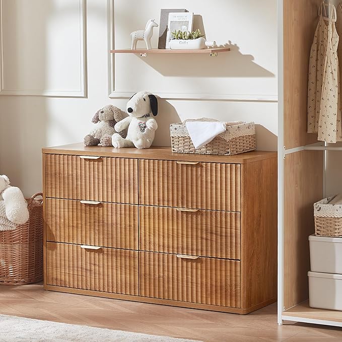 LEYAOYAO Fluted 6 Drawers Dresser for Bedroom, 48" Wide Modern Chest of Drawers with Metal Handle, Brown Curved Profile Farmhouse Closet Organizer Wood Dressers TV Stand for Living Room, Hallway