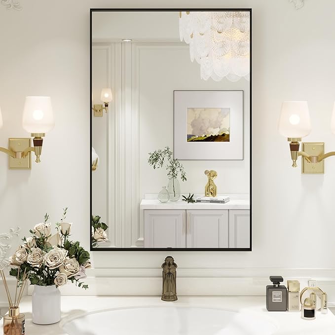 Black Bathroom Vanity Mirror 24x36 Inch, Rectangle Matte Black Mirror for Bathroom, Square Corner, Tempered Glass, Bedroom, Living Room, Entryway, Wall Mounted(Vertical/Horizontal)