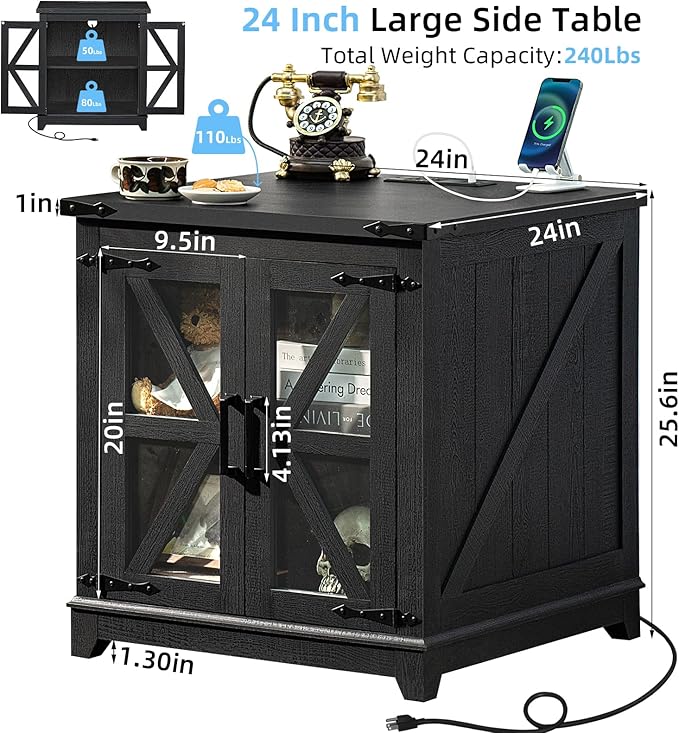 Farmhouse Coffee Table Sets 3 Pieces, Large End Side Tables with Charging Station and Coffee Table with Hidden Storage Compartment, Black Living Room Table Set, Wood Furniture Sets for Home Office