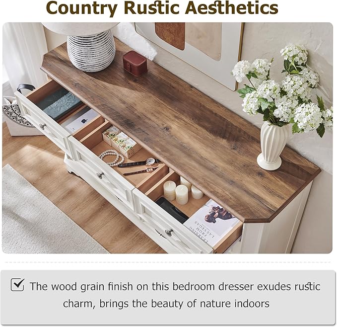T4TREAM Farmhouse 9 Drawers Dresser for Bedroom, 54" Wide Wood Rustic Chest of Drawers with Natural Texture, Vintage Design, Storage Dressers Organizer for Bedroom, Living Room, Hallway, Antique White