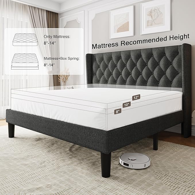 King Size Upholstered Bed Frame with Wingback Headboard, Fabric Linen Platform Bed, 8" Under Bed Storage, Wooden and Metal Slats Support, No Box Spring Needed, Noise Free, Dark Grey