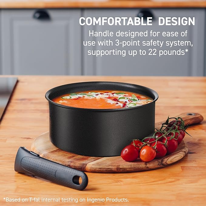 T-fal Ingenio Detachable Handle Cookware Set, Stackable Set. Induction Oven Broiler Safe 500F Cookware, Pots and Pans, Oven, Broil, Dishwasher Safe, 3 Piece set, Onyx Black