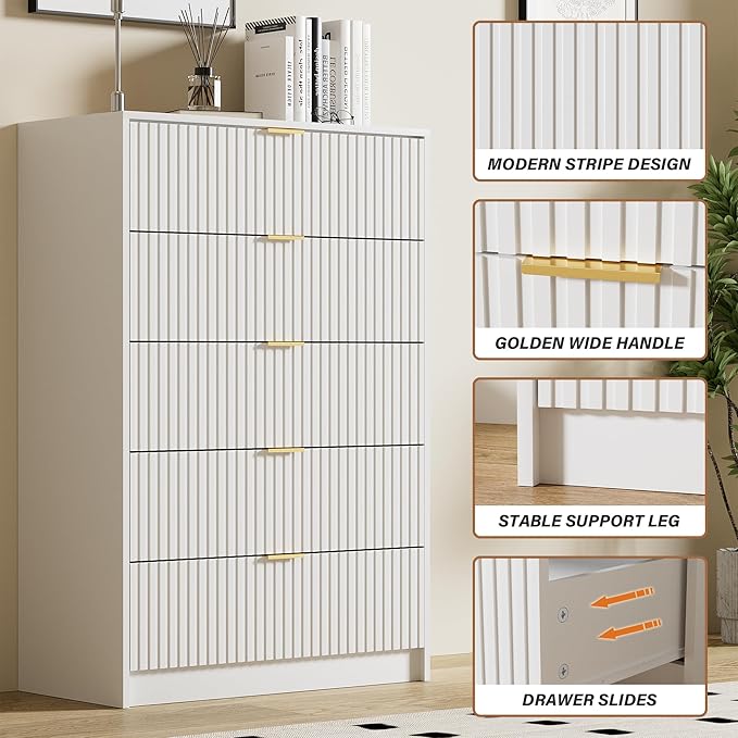 White Dresser for Bedroom, Modern Dresser with 5 Drawers and Smooth Slides, Wide Chest of Drawers with Golden Handles for Bedroom, Living Room, Closet, 15.7" D x 31.5" W x 47.2" H