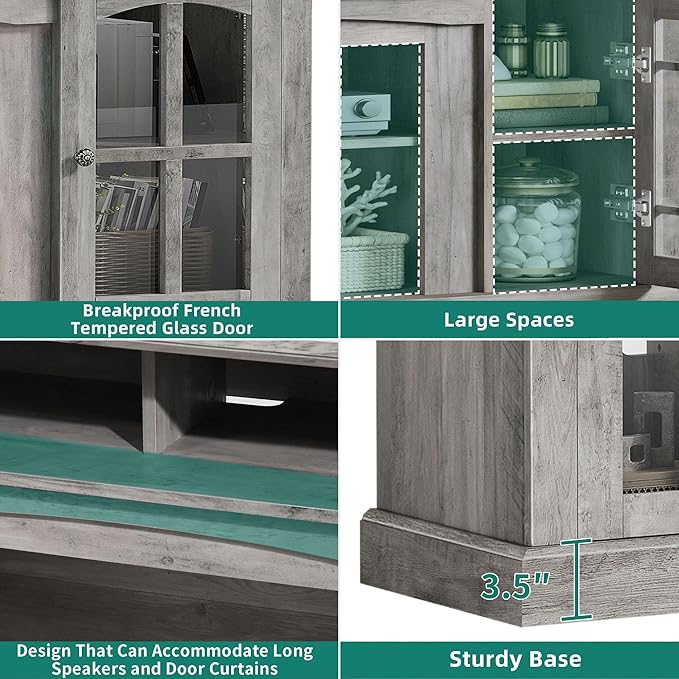 YITAHOME LED Farmhouse TV Stand for 75 Inch w/Outlets, Modern Entertainment Center with Glass Doors and Adjustable Storage Shelves, Media Console TV Cabinet for for Living Room, Grey