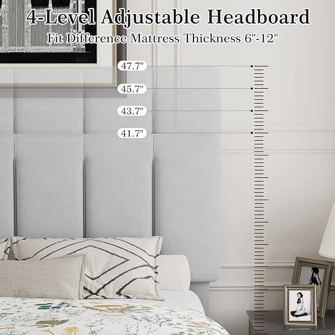 VECELO Queen Bed Frame with Upholstered Headboard, Heavy-Duty Platform Bedframe with Strong Wooden Slats Support, No Boxing Spring Needed, Light Grey