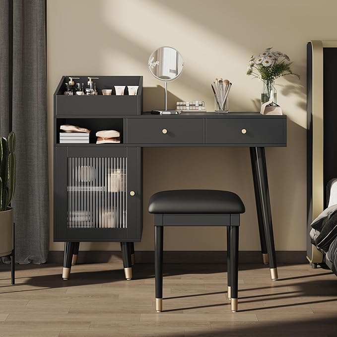 43.9" Modern Vanity Desk, Minimalist Makeup Vanity Table with Drawers, Cabinet & Chairging Port,Pu Leather Small Stool, Space-Saving Dressing Table Set for Bedroom Apartment