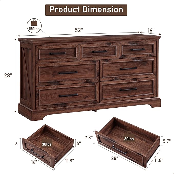7 Drawer Dresser, Farmhouse Chest of Drawers for Bedroom, 52" Wide Dresser TV Stand with Large Metal Handles, Wood Drawer Organizer for Living Room, Hallway - Brown