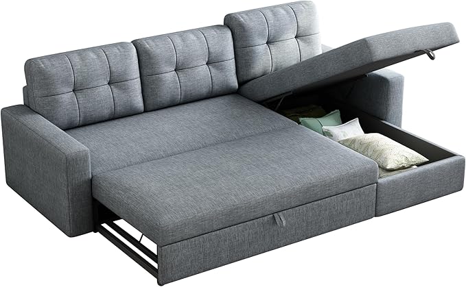 Upholstered Sleeper Sofa, L Shaped Sectional Couch with Reversible Storage, Convertible Corner Lounge Couches w/Pull Out Sofabed for Living Room, Apartment,Light Grey