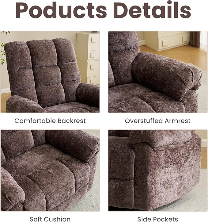 Oversized Swivel Rocker Recliner with Massage and Heat, 26" Extra Wide Manual Recliner for Adults & Big Man, Overstuffed Rocking Chair with High Back for Living Room, Coffee Chenille