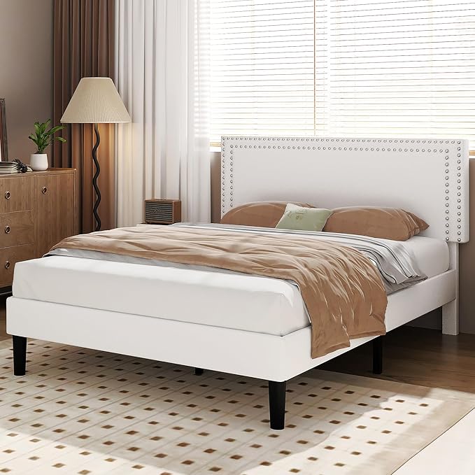 VECELO Queen Size Bed Frame with Adjustable Upholstered Headboard, Wooden Slats Platform, Noise-Free Design, Easy Assembly