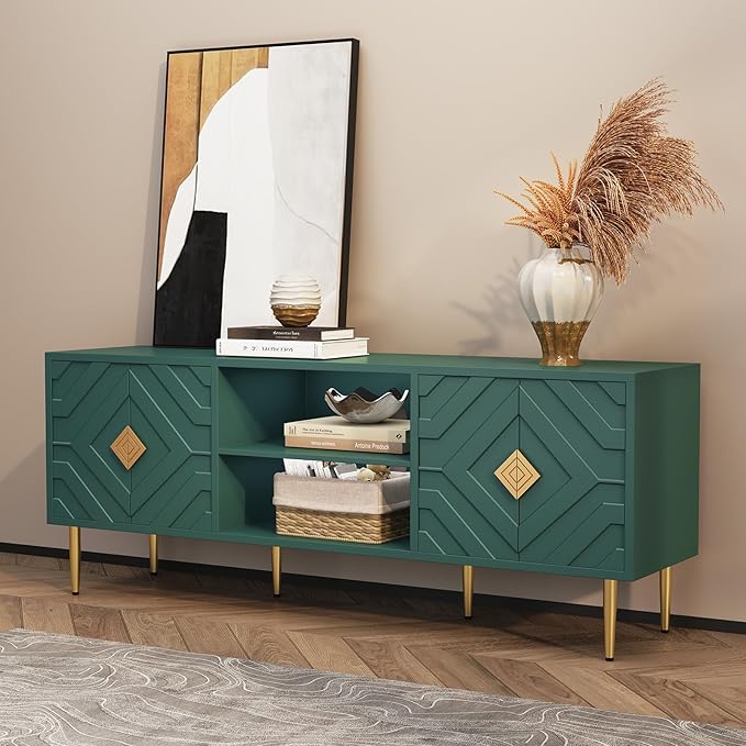 HLR 63'' Modern TV Stand for 65/70/75 inch TV, Entertainment Center with Storage Cabinet, Mid Century Green TV Stand,Embossed Pattern TV Console, TV Media Console for Living Room, Bedroom