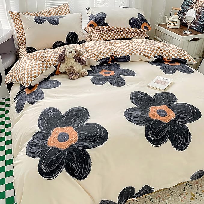 Luxlovery Boho Floral Comforter Set Queen Women Girls Black Sunflower Bedding Comforter Set Botanical Blanket Quilts Cute Beige Black Blossom Bedding Set for Queen Bed