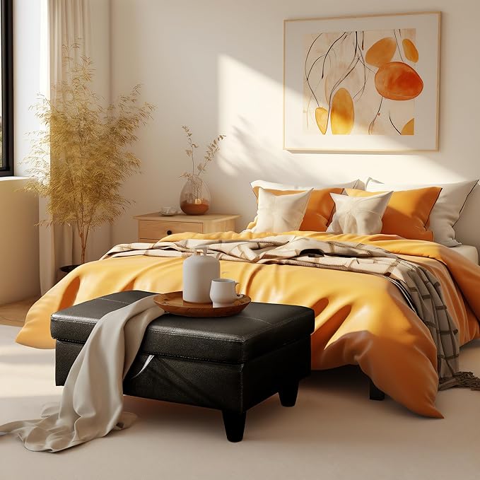 Ottoman Rectangular Storage Ottoman Bench, Faux Leather Footrest, Coffee Table, Stool Footstool with Hinged Lid for Living Room, Bedroom, Entryway, Black, 28.5"x19"x17.5"