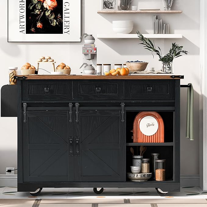 53.7" Farmhouse Kitchen Island with Power Outlet, Rolling Kitchen Island Cart On Wheels with Drop Leaf Countertop, Barn Door Kitchen Storage Island with Drop Leaf for Kitchen and Dining Room (Black)