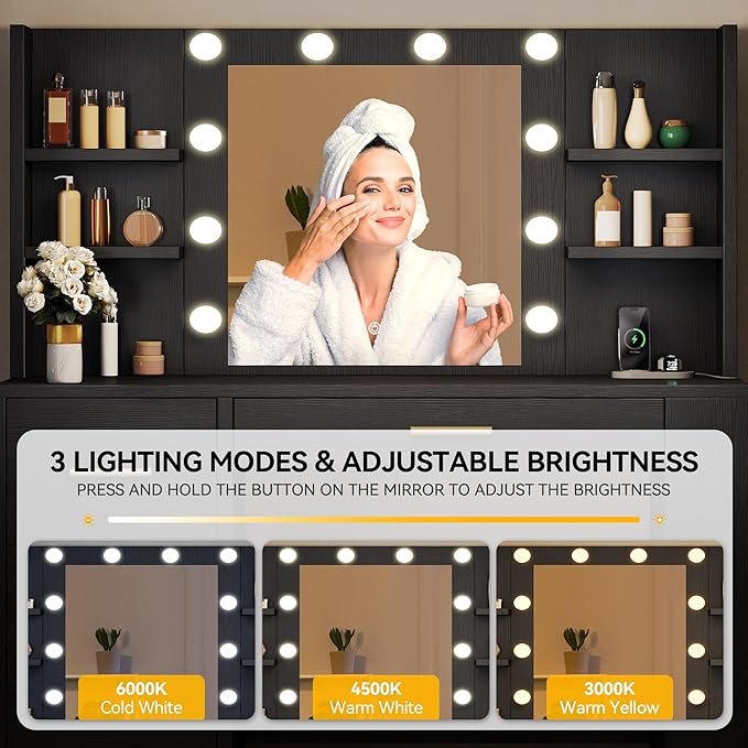 DWVO Vanity Desk with Mirror, Power Outlet and 10 Lights, Big Vanity Makeup Table with 4 Drawers and 8 Open Storage Shelves, 3 Color Modes Adjustable Brightness for Bedroom, Black
