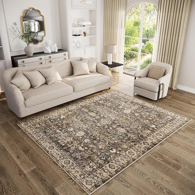 Washable Area Rugs 5'x7' Non-Slip Vintage Boho Distressed Fade Resistant Low Pile Carpet for High-Traffic Living Room, Bedroom & Dining Room