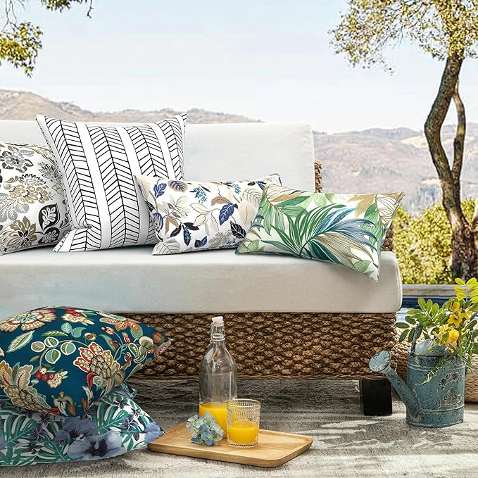 Pack of 2 Patio Throw Pillow Covers ONLY, Water Repellent Cushion Cases 20x20 Inch, Square Pillowcases for Outdoor Couch Decoration, HerringboneWhite