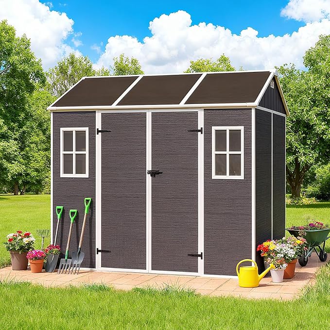 8x7 FT Outdoor Storage Resin Shed with Floor, Waterproof Plastic Garden Tool Shed with Windows, Vents & Lockable Door and Sloped Roof, Easy to Assemble Bike Shed for Patio, Backyard, Lawn, Black
