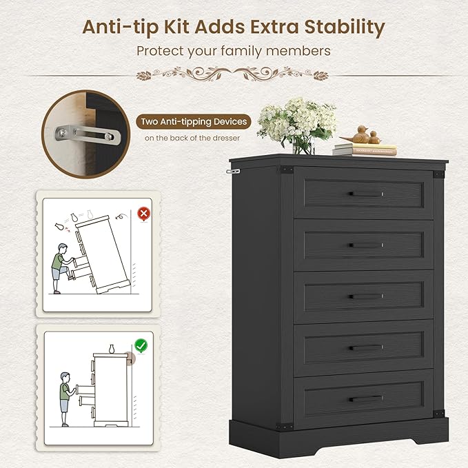 Hasuit Tall Black Dresser for Bedroom with 5 Drawers, Wooden Farmhouse Dresser Chest of Drawer with Thick Styling, Large Capacity Storage Cabinet with Wide Drawer, Dressers for Living Room Hallway