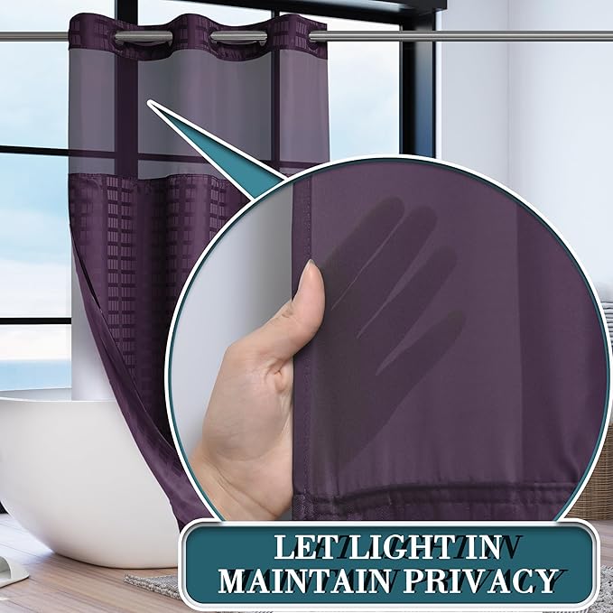 Conbo Mio Stall No Hook Shower Curtain with Snap in Liner Set, Hotel Luxury Purple Shower Curtains for Bathroom with See Through Top Window, Waterproof, Washable 36W x 74H