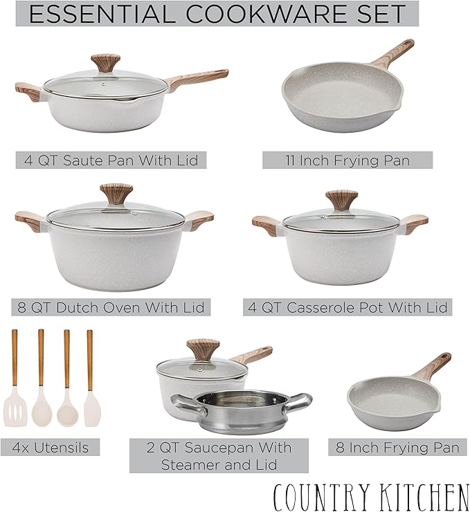 Country Kitchen Non-Stick Cast Aluminum Cookware Set - Durable Kitchen Cookware for Everyday Cooking, Cream, 15 Pc.