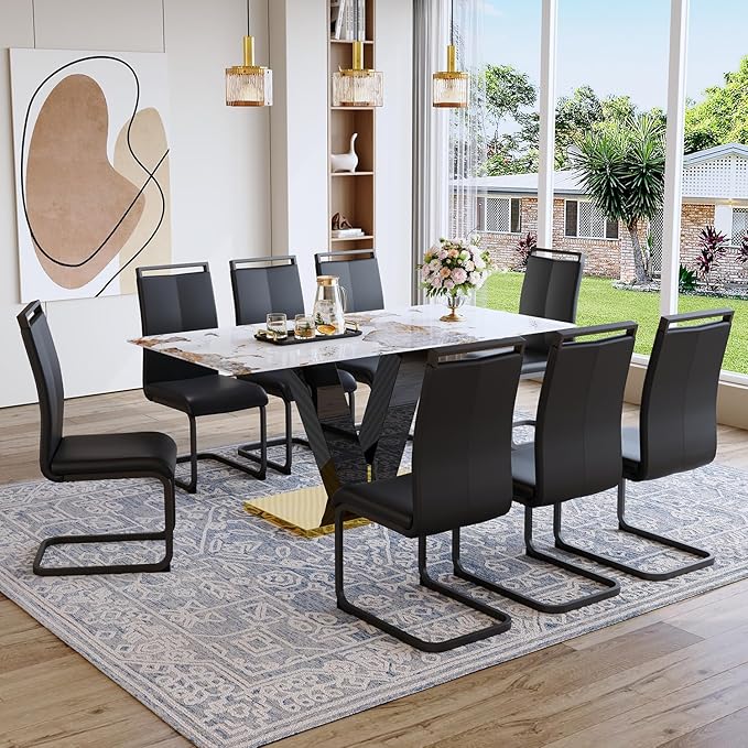 71'' Dining Table Set for 8,Rectangular Dining Room Table Set for 8,Marble Dining Table with 8 PU Leather Dining Chairs,Gold Dining Room Table with Glossy V-Shaped Base Ideal for Kitchen