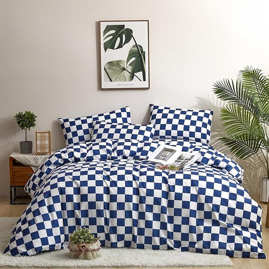 CLOTHKNOW Blue White Plaid Full Size Comforter Sets Checkerboard Bedding Comforter Sets Soft Grid Comforter with 2 x Pillow Cases