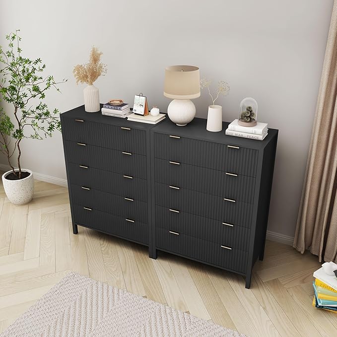 Fluted 5 Drawer Tall Dresser for Bedroom, Mid Century Modern Nightstand with Drawers, Tall Bedside Table for Closet Cloth, Living Room End Table with Storage for Dorm -Black