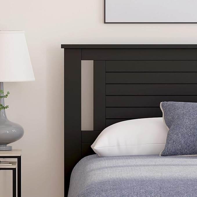 Serene Poplar Wood Queen Headboard, Modern Farmhouse Panel with Horizontal Scoring, Queen Size Headboard in Black, Casual Coastal Style, Easy Assembly, Quality Materials