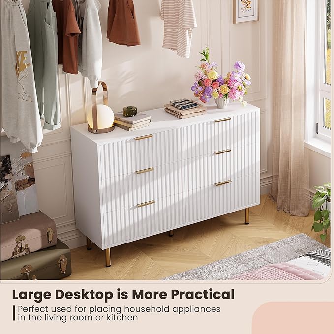 White 6 Drawer Dresser for Bedroom, Fluted 47.2" Wide Modern Chest of Drawers with Deep Drawers, Long Large Double Dresser TV Stand for Living Room, Hallway, Kids Room