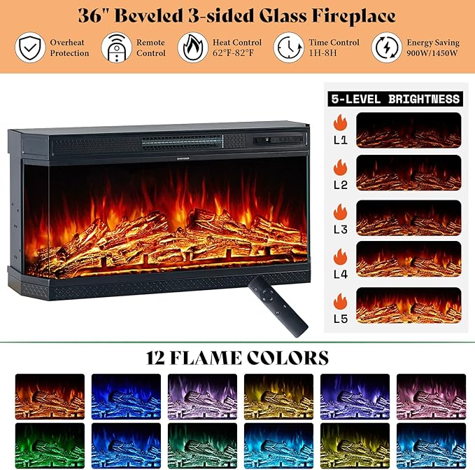 AMERLIFE 70" Bevel Farmhouse Fireplace TV Stand with 36" 3-Sided Glass Fireplace, LED Lights Entertainment Center Glass Doors & Drawers, Media Console Table Cabinet for Max 80" TV, Living Room, White