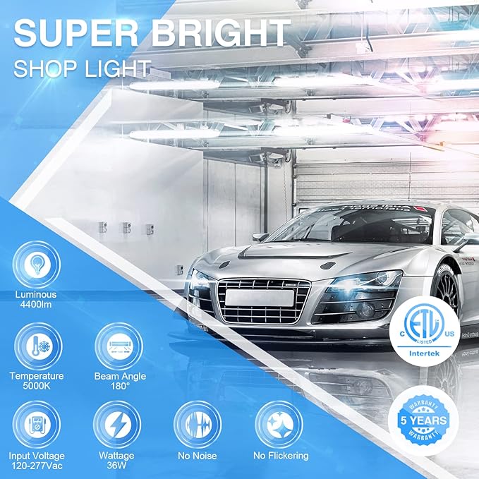 Ensenior 6 Pack Linkable Led Shop Light 4ft for Garage, 4400 High Lumens, 36W Equivalent 280W, 5000K Daylight, 48 Inch Utility Shop led Lights, Surface or Hanging Mount Fixtures, White, ETL Certified
