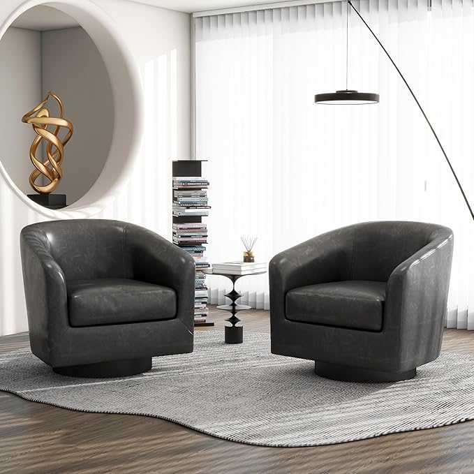 Swivel Barrel Accent Chair, Modern Round Faux Leather Arm Chair for Living Room, Bedroom, Comfy Club Reading Chairs for Adults (Faux Leather, Black Grey, Set of 2)