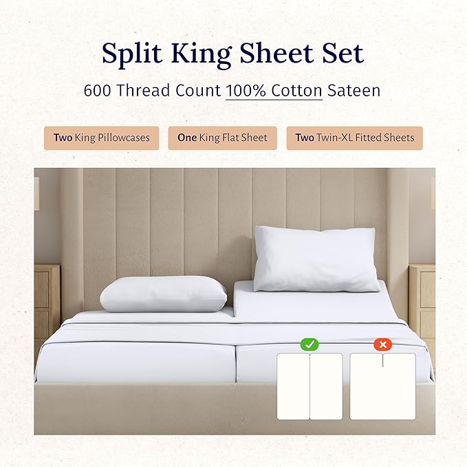California Design Den Split King Sheet Set - 100% Cotton, 600 Thread Count, Breathable Luxury King Size Sheets for Adjustable Bed, Luxury Soft Hotel-Quality, Sateen Weave - Bright White