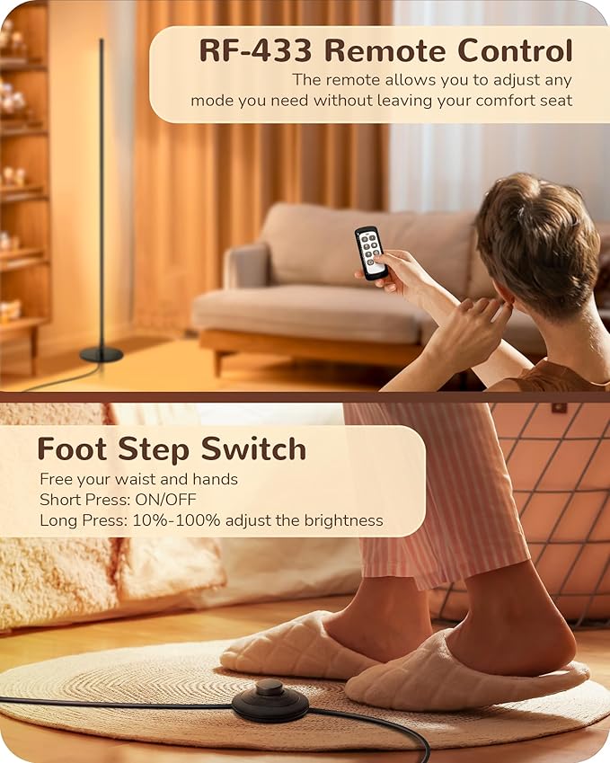 EDISHINE LED Corner Lamp, Set of 2 Minimalist Dimmable Tall Light with Remote, 57.5" Floor Lamps for Living Room, Bedroom, Home Office, 7 Color Temperature 2700-6000K (Black)