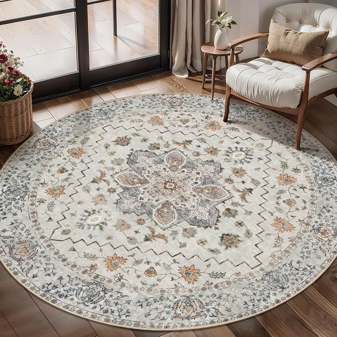 Tangsoo Vintage Round Rug 4ft Washable Circle Rug, Non Slip Small Boho Round Rug, Low Pile Circular Rugs, Round Carpet for Bedroom,Entryway,Nursery,Dorm,Kitchen,Taupe