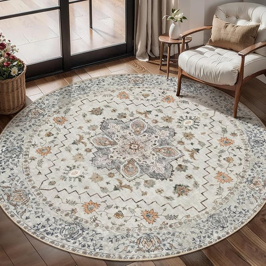 Tangsoo Vintage Round Rug 4ft Washable Circle Rug, Non Slip Small Boho Round Rug, Low Pile Circular Rugs, Round Carpet for Bedroom,Entryway,Nursery,Dorm,Kitchen,Taupe