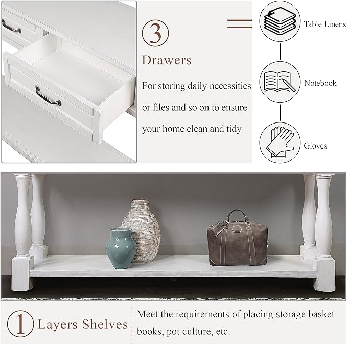 63inch Solid Wood Console Table with 3 Drawers and 1 Bottom Shelf Extra-Thick Sofa Table(Antique White)