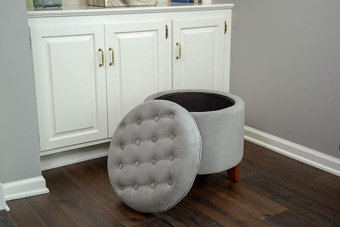 Homepop Home Decor | Upholstered Round Velvet Tufted Foot Rest Ottoman | Ottoman with Storage for Living Room & Bedroom | Decorative Home Furniture, Gray Small