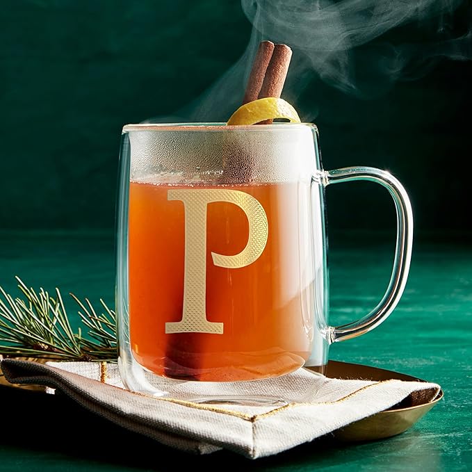 COLLECTIVE HOME - Double Walled Glass Coffee Mugs, Insulated Coffee Mug with Handle, Personalized Gifts for Women, Men, Christmas, 14 oz Monogram Cups (P)