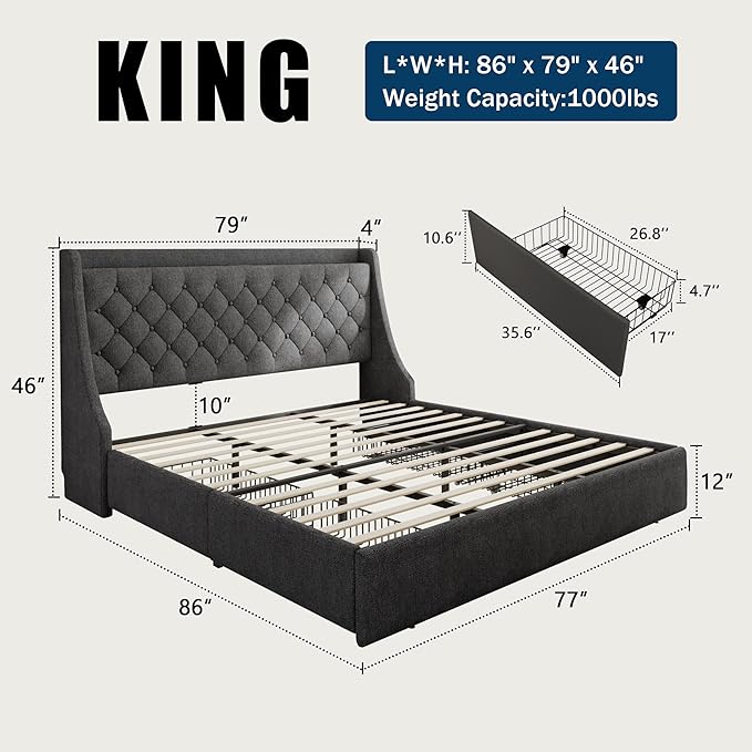 King Size Bed Frame with 4 Storage Drawers, Giant Upholstered Wingback Headboard, Fast Charging Station, No Box Spring Needed, Noise-Free, Dark Gray