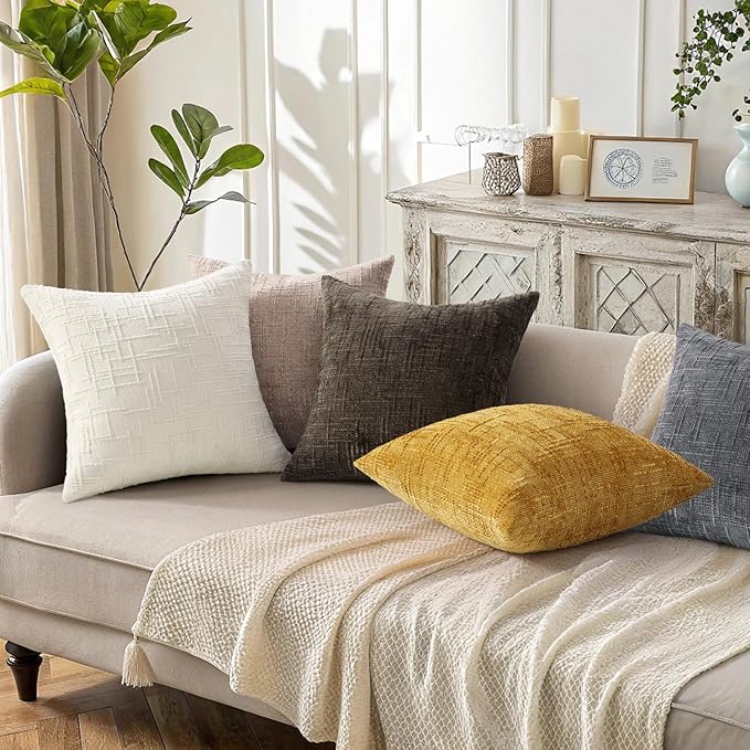 decorUhome Fall Oatmeal Chenille Throw Pillow Covers 16x16 Set of 2 Thick Textured Slubby Couch Pillow Covers Farmhouse Accent Modern Neutral Decorative Pillow Cases for Bed Sofa Living Room